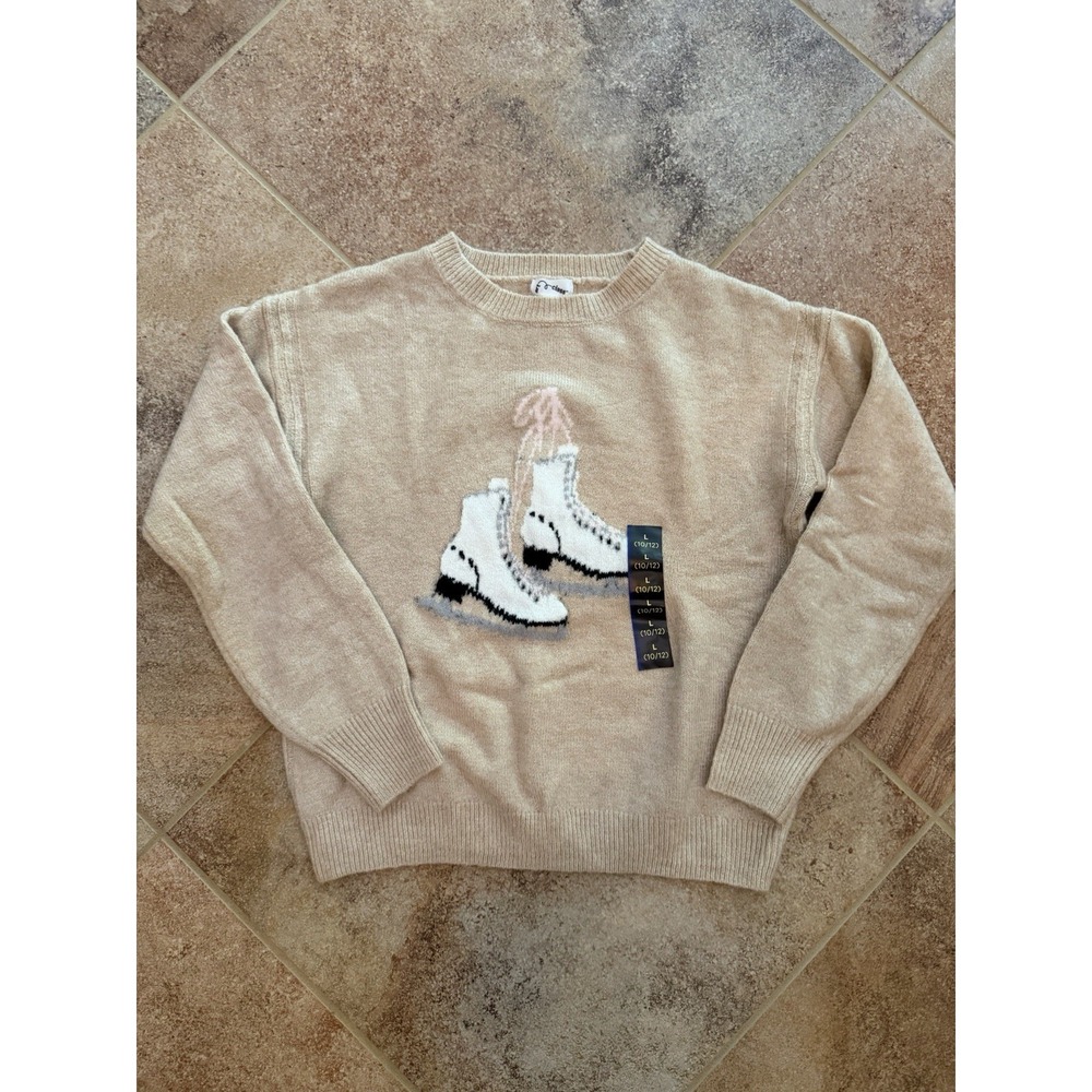 Girls Art Class Cream Crewneck Sweater Knitted Ice Skating Graphic Large NWT